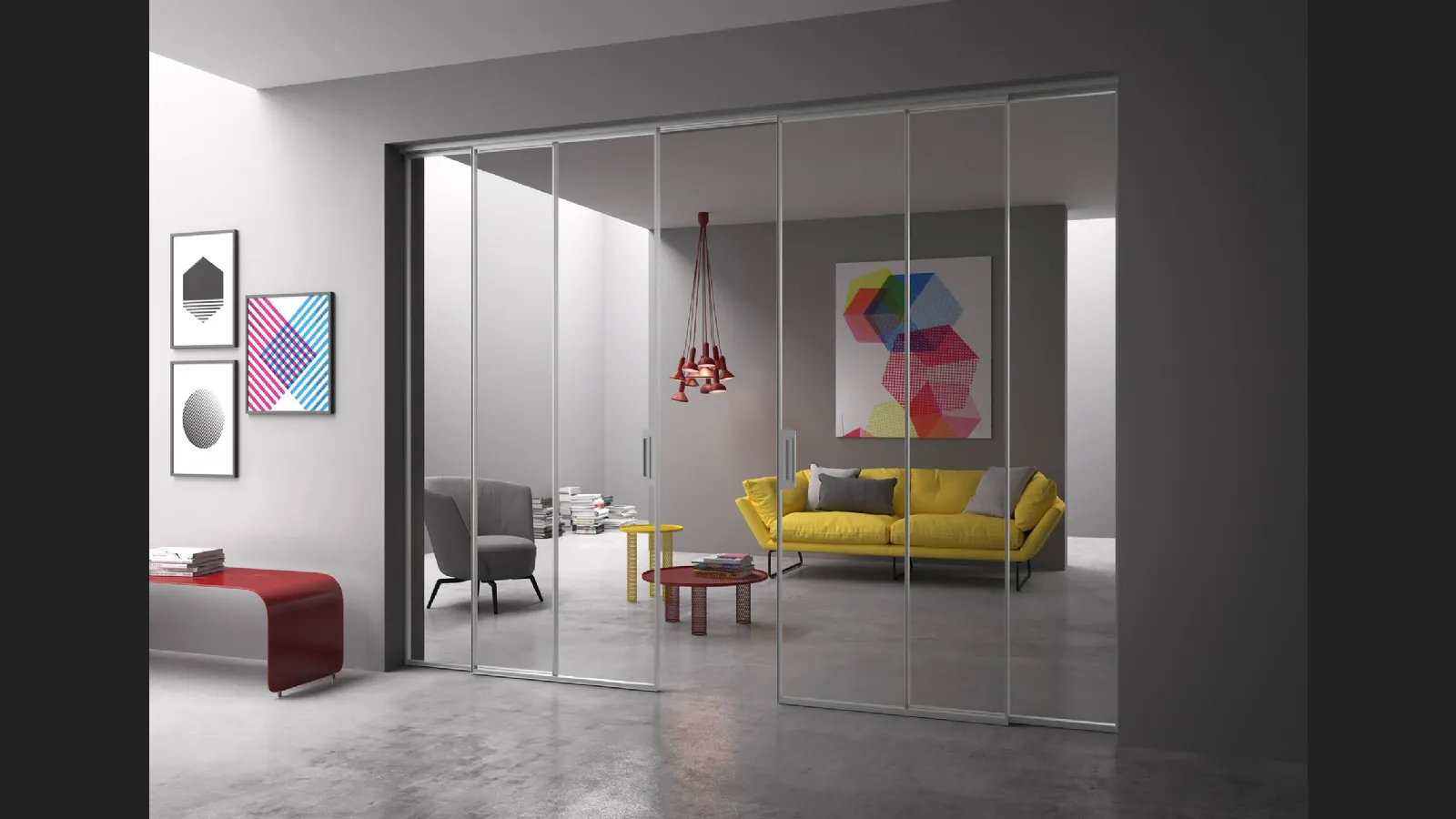 Porta per interni scorrevole in vetro trasparente con telaio in alluminio Ri Trait di Albed