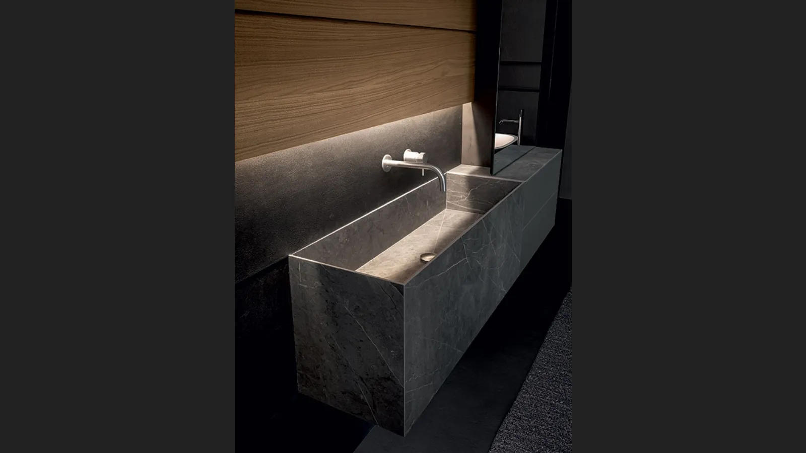 Mobile da Bagno sospeso Blade 02 in gres stone Grey, vetro satinato e boiserie in Noce di Modulnova bagni