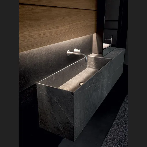 Mobile da Bagno sospeso Blade 02 in gres stone Grey, vetro satinato e boiserie in Noce di Modulnova bagni