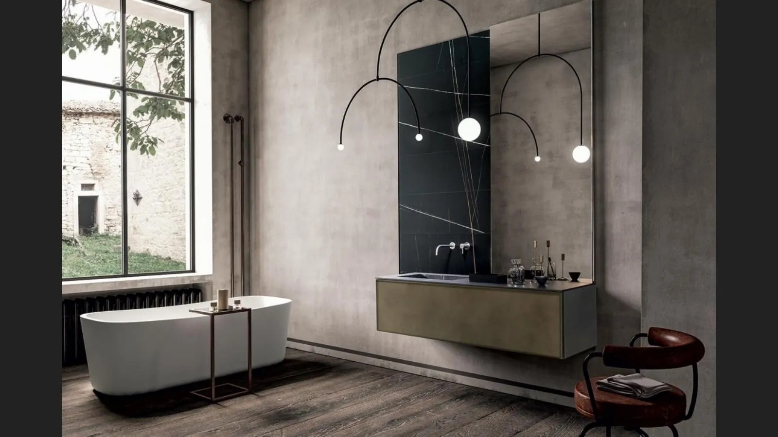 Mobile da Bagno sospeso con finitura metallica Bronze Dust e top in gres Sahara noir Frame 02 di Modulnova bagni