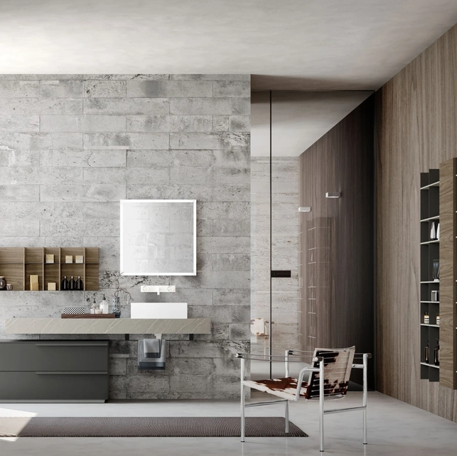 Mobile Bagno da appoggio M System 021 in laccato opaco Carbone e top in HPL di Baxar