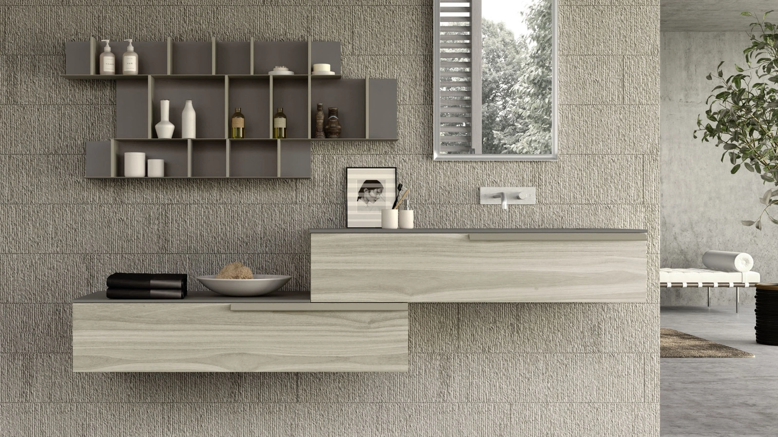 Mobile da Bagno sospeso M System 023 in melaminico effetto legno di Baxar