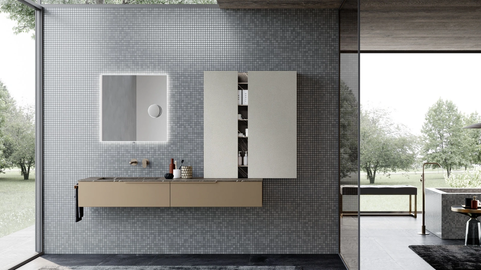 Mobile da Bagno sospeso M1 System 121 in laccato metallizzato e melaminico pelle per i pensili di Baxar