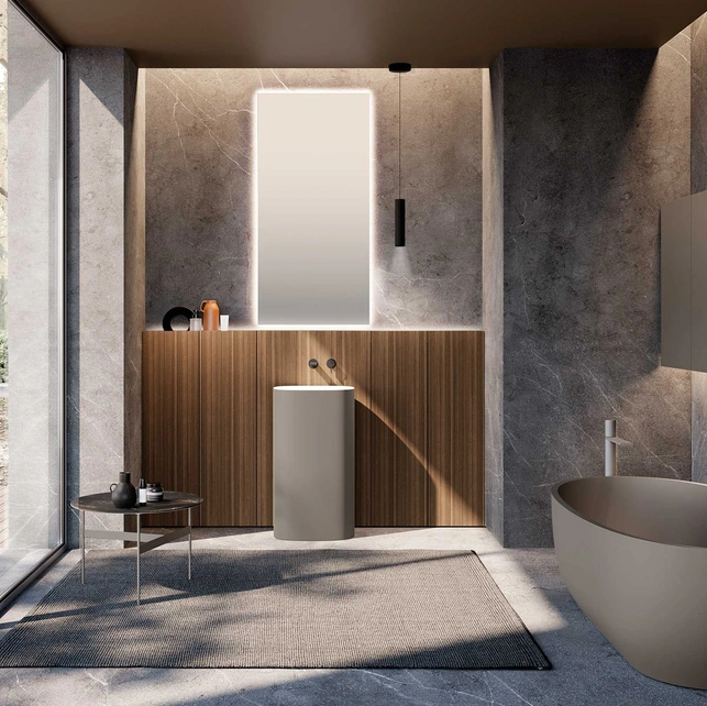 Mobile da Bagno M2 System 232 in legno impiallacciato di Eucalipto e lavabo laccato di Baxar
