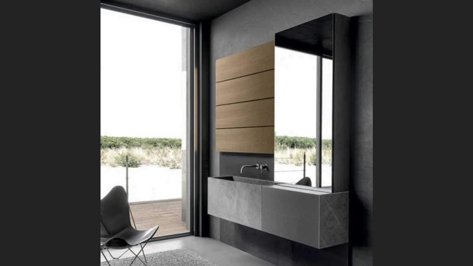 Mobile da Bagno sospeso Blade 02 in gres stone Grey, vetro satinato e boiserie in Noce di Modulnova bagni