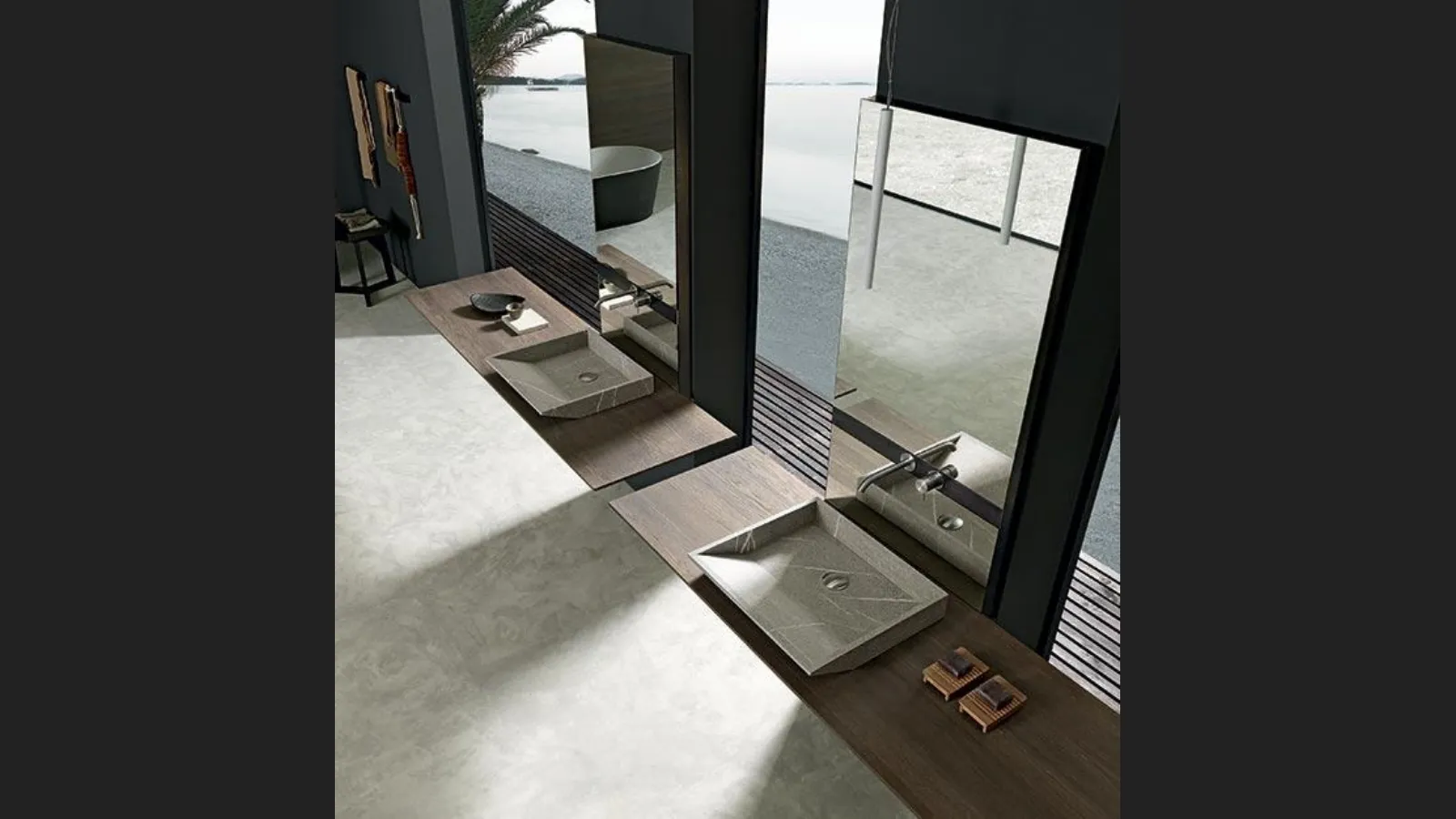 Mobile da Bagno in legno di Rovere ossidato con lavabo in pietra piasentina Surf 01 di Modulnova bagni
