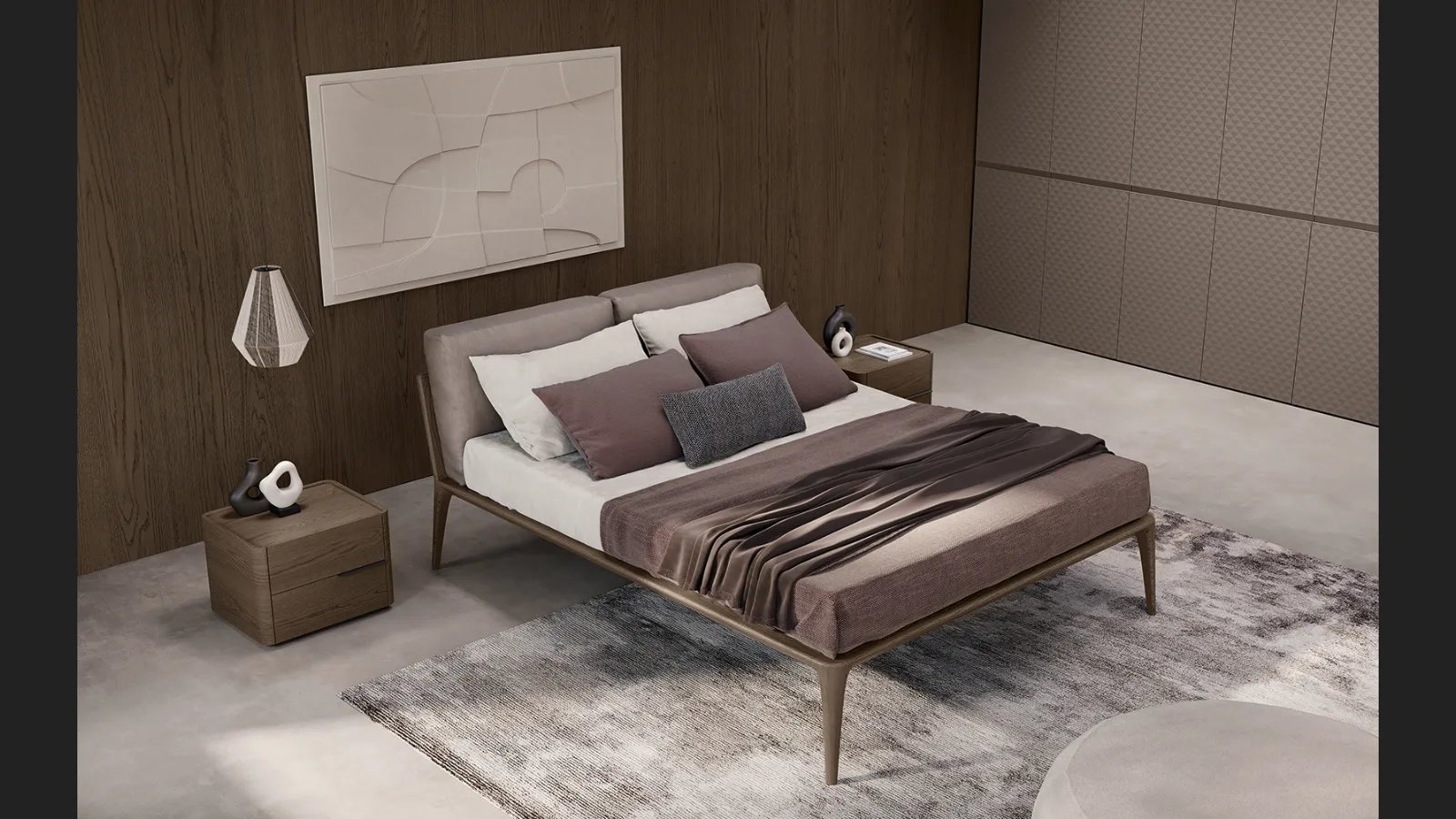 Letto Kalè in Rovere Visone con cuscini imbottiti di Olivieri
