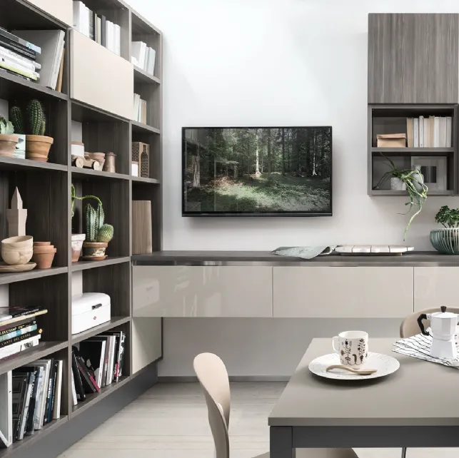 Libreria a muro Living finitura Cedro Scuro di Veneta Cucine