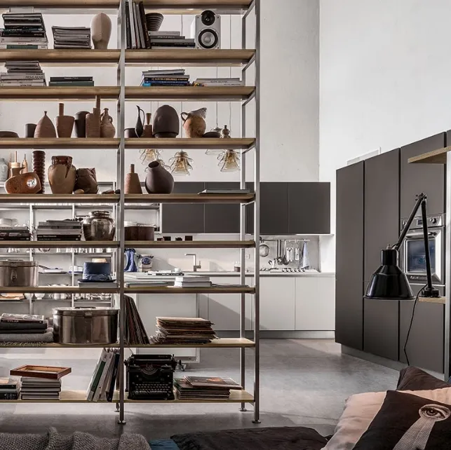 Libreria divisoria Tribeca finitura acciaio e Play Rovere Medio di Veneta Cucine