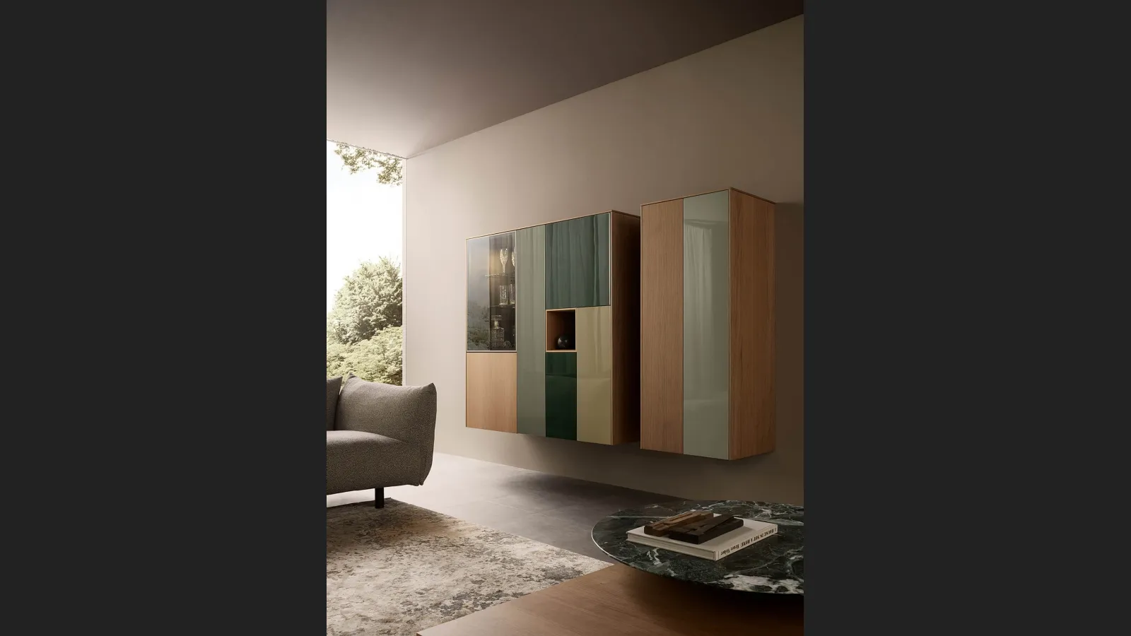 Mobile sospeso Sistema LT40 Mix Laccati lucidi e legno di Lema