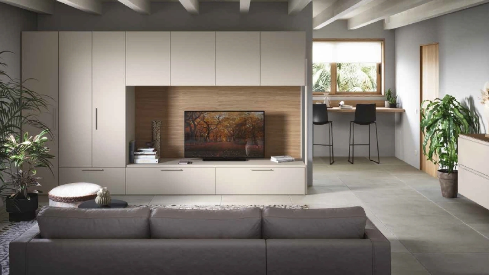 Parete Attrezzata 04A in melaminico Cashmere e Noce Naturale Cinquanta3