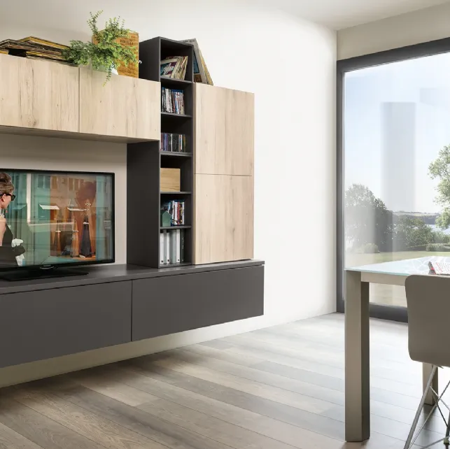 Parete Attrezzata Living Play finitura Rovere Medio e laccato opaco Ardesia di Veneta Cucine