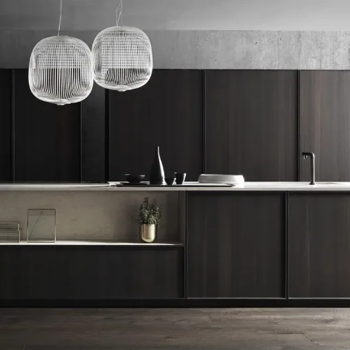 Cucina Design con isola Frame finitura impiallacciato Eucalipto Raw con top in Gres di Modulnova