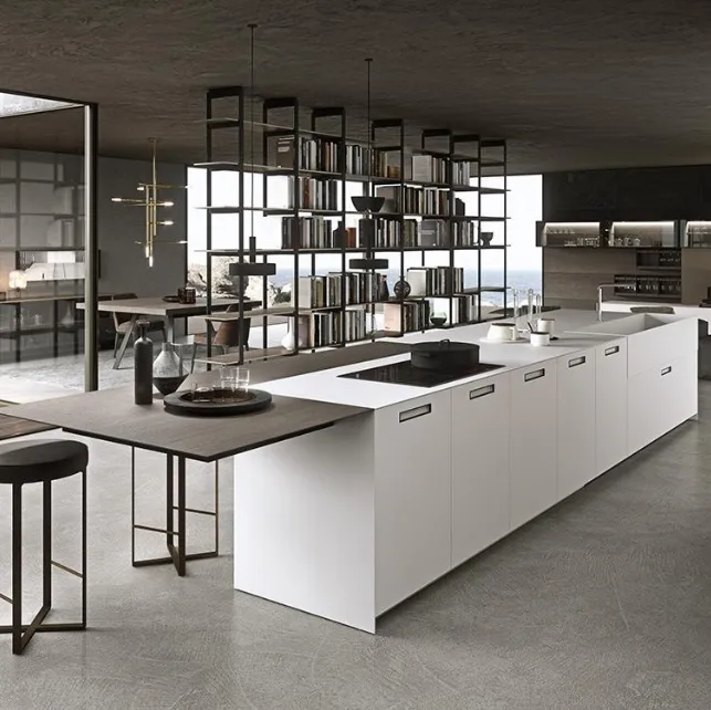 Cucina Design MH6 con isola in laccato Bianco satinato e piano snack impiallacciato Eucalipto di Modulnova