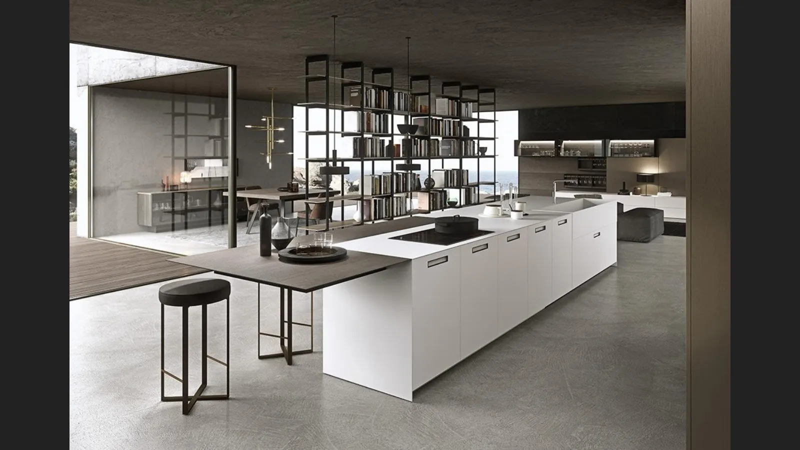 Cucina Design MH6 con isola in laccato Bianco satinato e piano snack impiallacciato Eucalipto di Modulnova