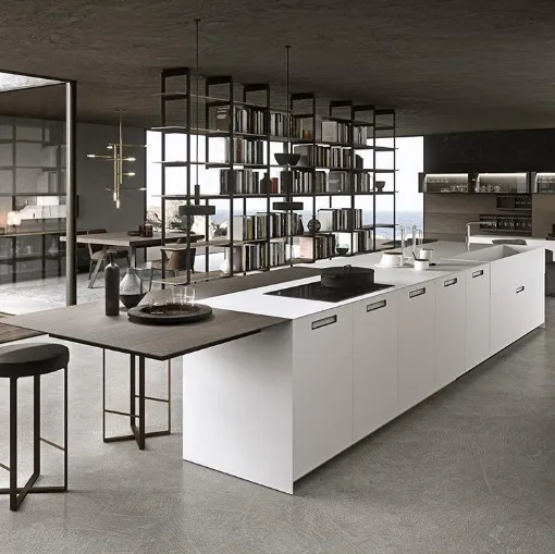 Cucina Design MH6 con isola in laccato Bianco satinato e piano snack impiallacciato Eucalipto di Modulnova