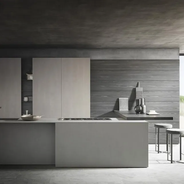 Cucina Design MH6 finitura Milltech Marna con top e penisola in laminato di Modulnova