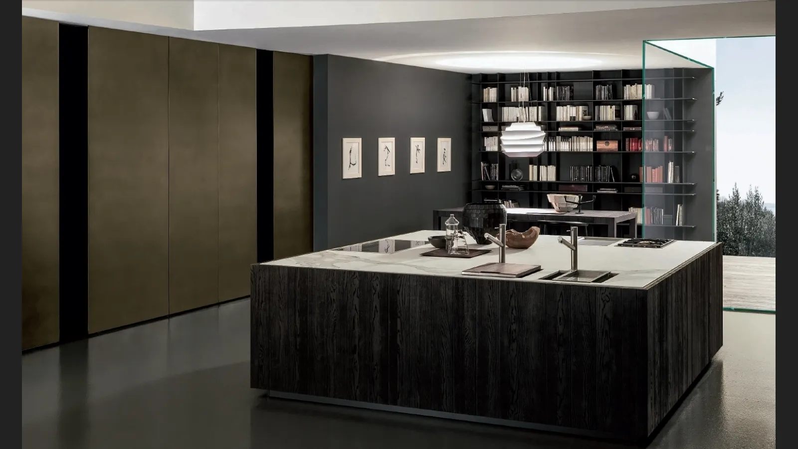 Cucina Design con isola finitura Float Rovere Fumo con top in Gres Calacatta di Modulnova