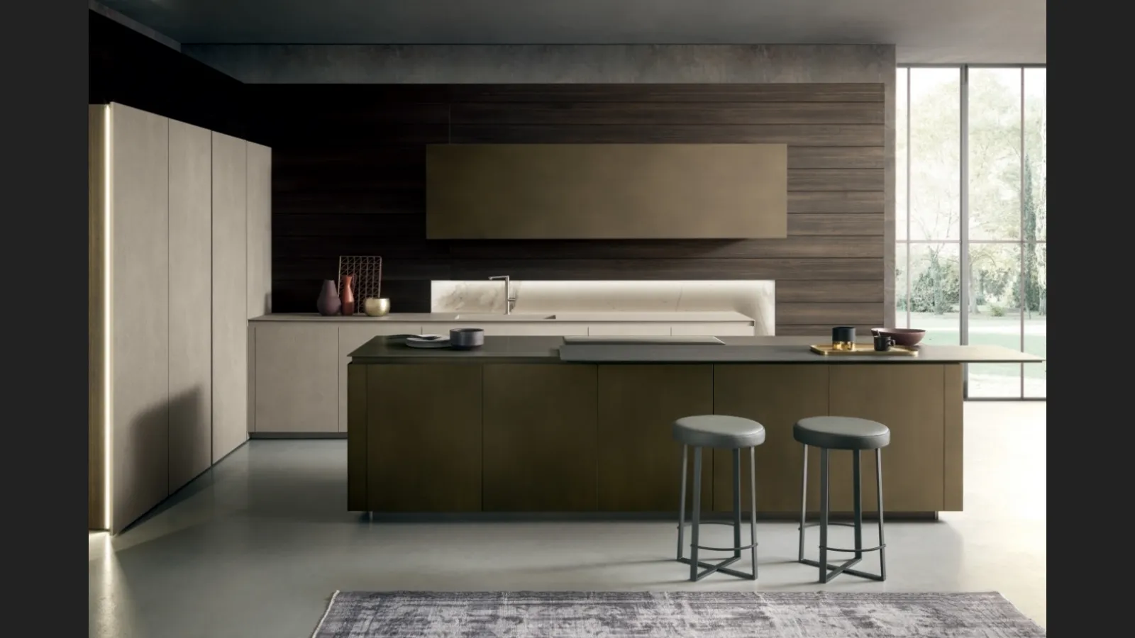 Cucina Design con isola Skill finitura milltech Riace e Argilla con top in laminato Riace e Argilla di Modulnova