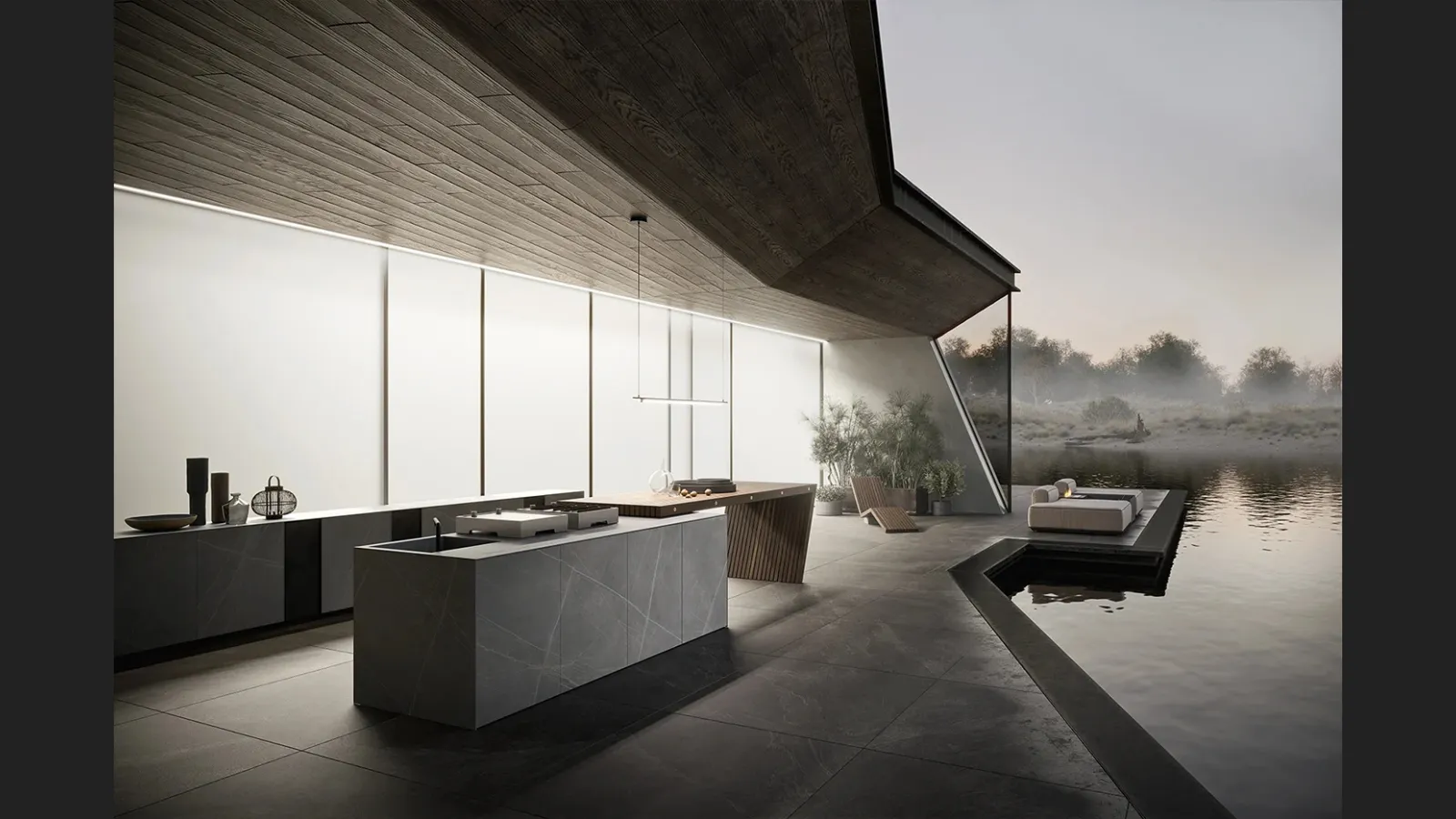 Cucina Design con isola Project 04 in gres e legno massello di Modulnova