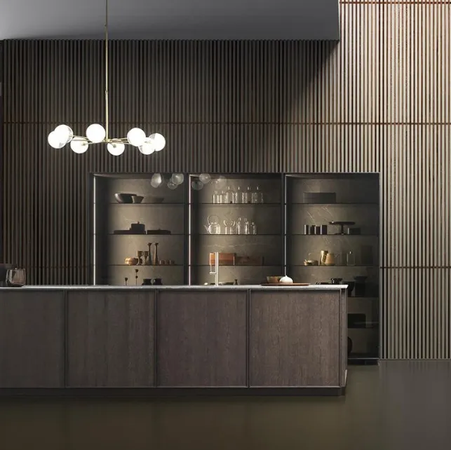 Cucina Design lineare Skill in laccato super matt Black Grey con top in Gres Sahara Noir Azalai di Modulnova