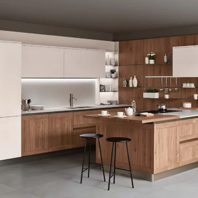 Cucina Moderna con penisola Armonia 02 in Noce nodoso a doghe e laccato opaco di Veneta Cucine