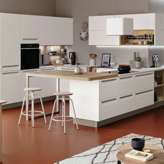 Cucina Moderna Carrera angolare con penisola in laccato Bianco Riso di Veneta Cucine