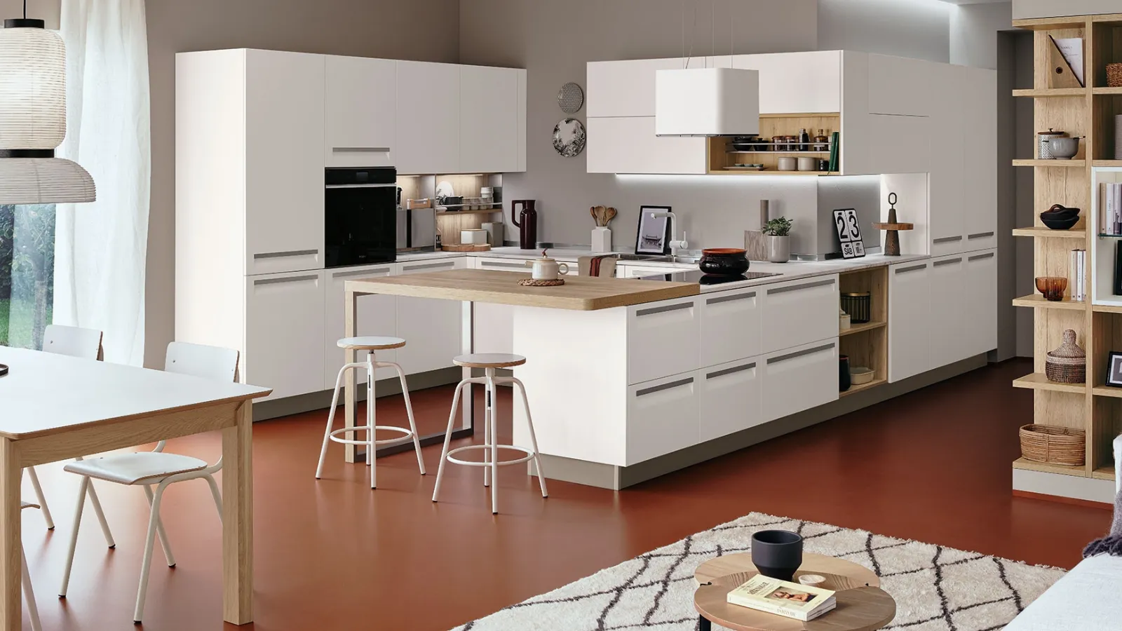 Cucina Moderna Carrera angolare con penisola in laccato Bianco Riso di Veneta Cucine
