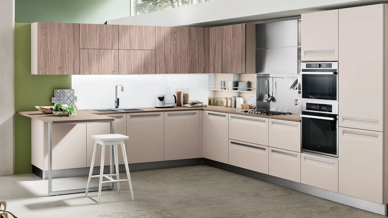 Cucina Moderna Carrera angolare con penisola in laccato Beige di Veneta Cucine