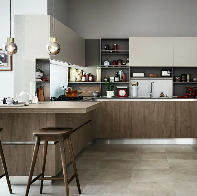 Cucina Moderna Ethica Go angolare in finitura Quercia Medio Dek e Silk Grigio Tortora di Veneta Cucine