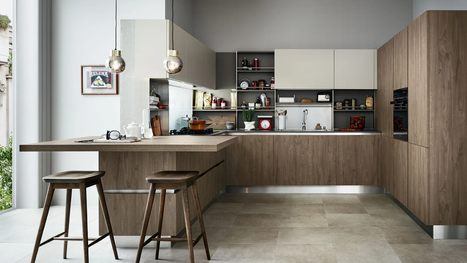 Cucina Moderna Ethica Go angolare in finitura Quercia Medio Dek e Silk Grigio Tortora di Veneta Cucine