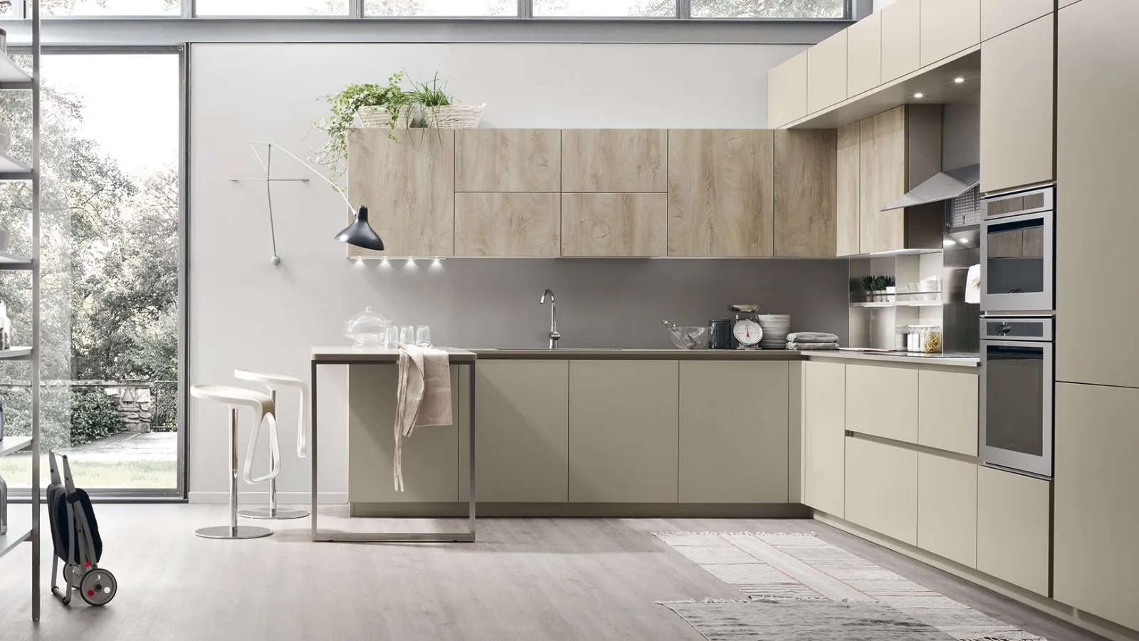 Cucina Moderna Lounge angolare con penisola in laccato Beige Ecru e Rovere Coloniale di Veneta Cucine