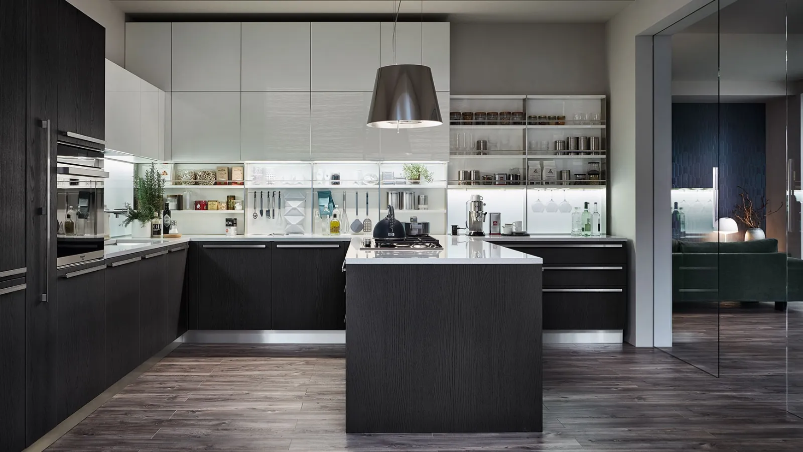 Cucina Moderna con penisola Extra in Rovere Grafite e laccato lucido Bianco Puro di Veneta Cucine