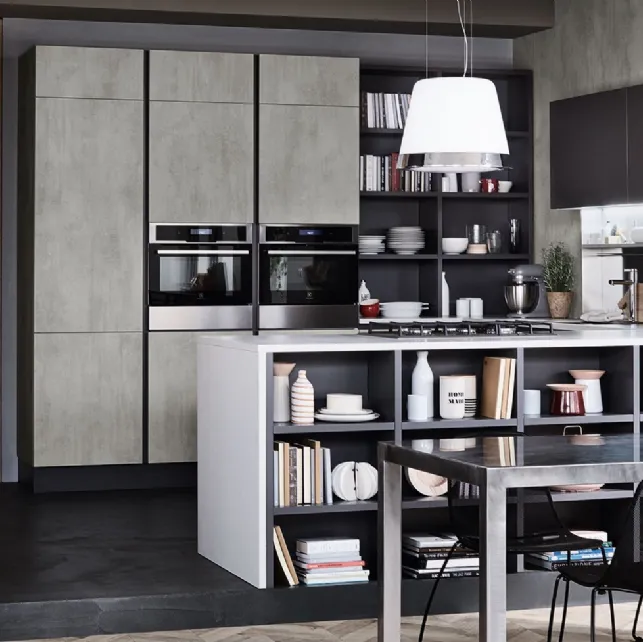 Cucina Moderna Oyster con penisola in finitura Beton Grigio Dek e Ardesia di Veneta Cucine