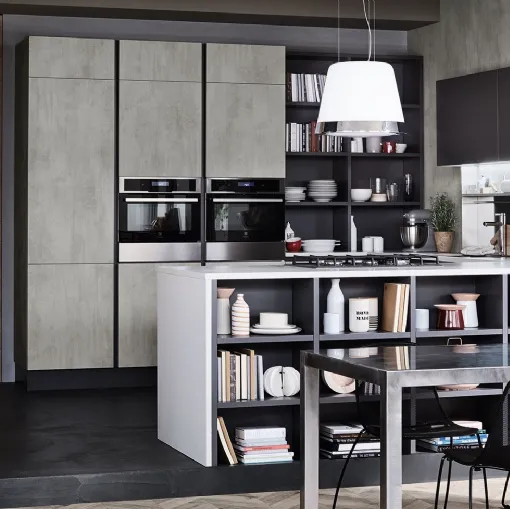 Cucina Moderna con penisola Oyster 08 in melaminico Beton Grigio e laccato Ardesia di Veneta Cucine