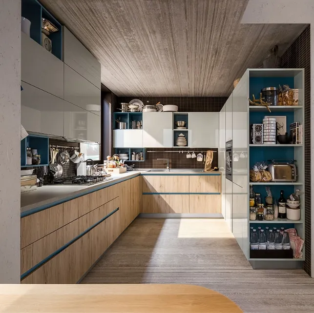 Cucina Moderna Start Time Go angolare in Play Rovere medio e laccato lucido Grigio di Veneta Cucine