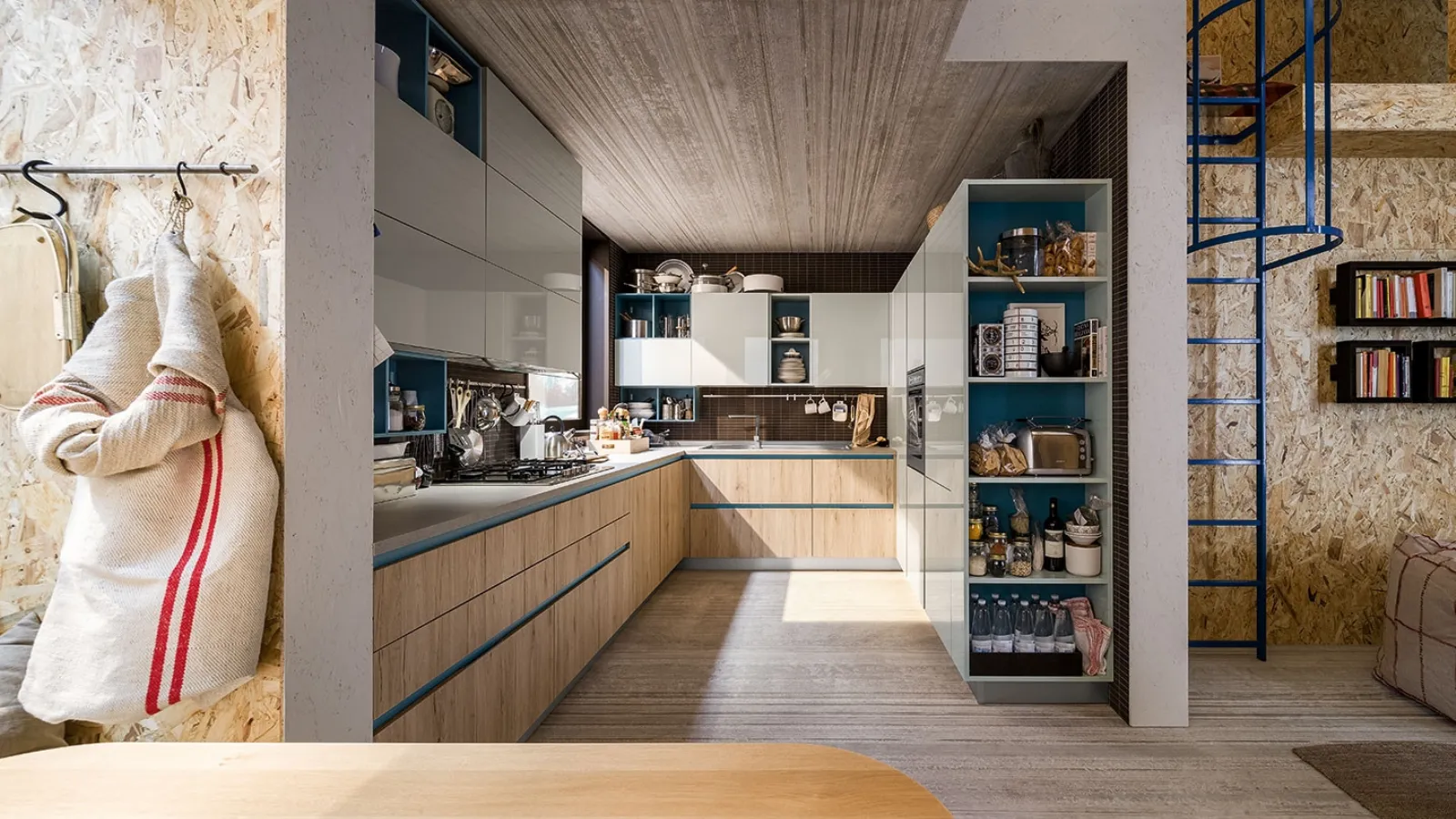 Cucina Moderna Start Time Go angolare in Play Rovere medio e laccato lucido Grigio di Veneta Cucine