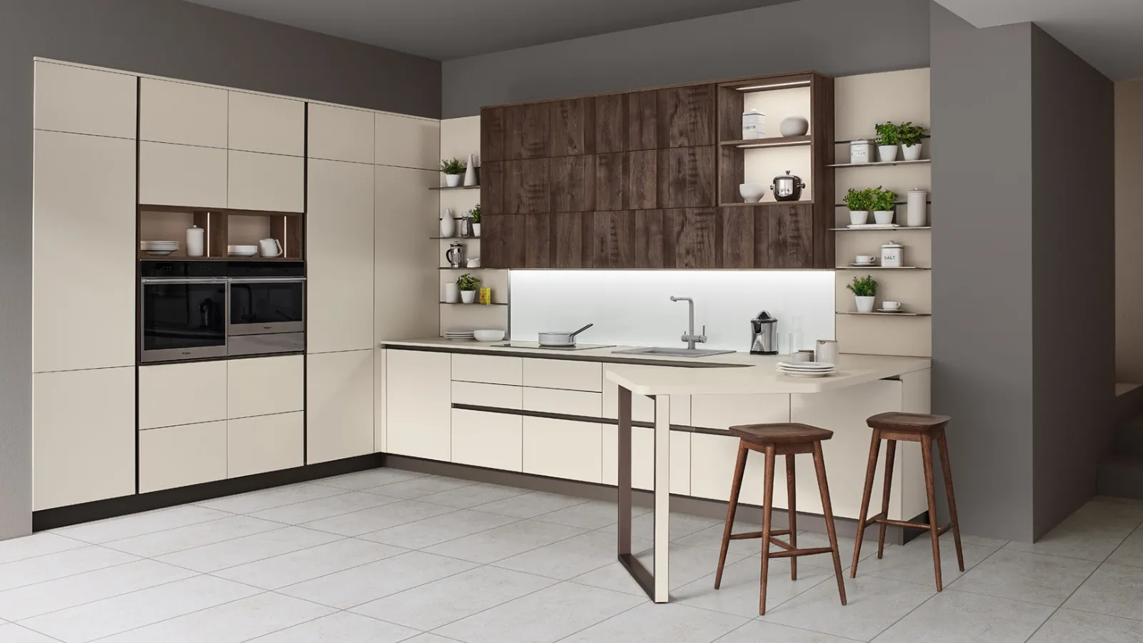 Cucina Moderna angolare con penisola Start Time J 04 di Veneta Cucine