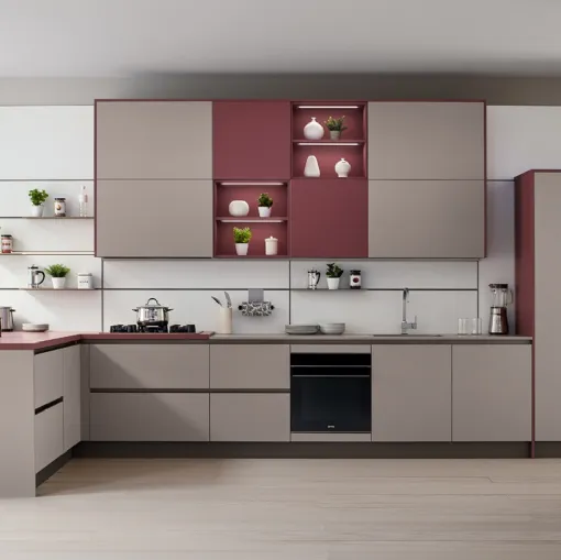 Cucina Moderna Like J 02 con penisola in laccato opaco Marrone e Rosso Soft di Veneta Cucine